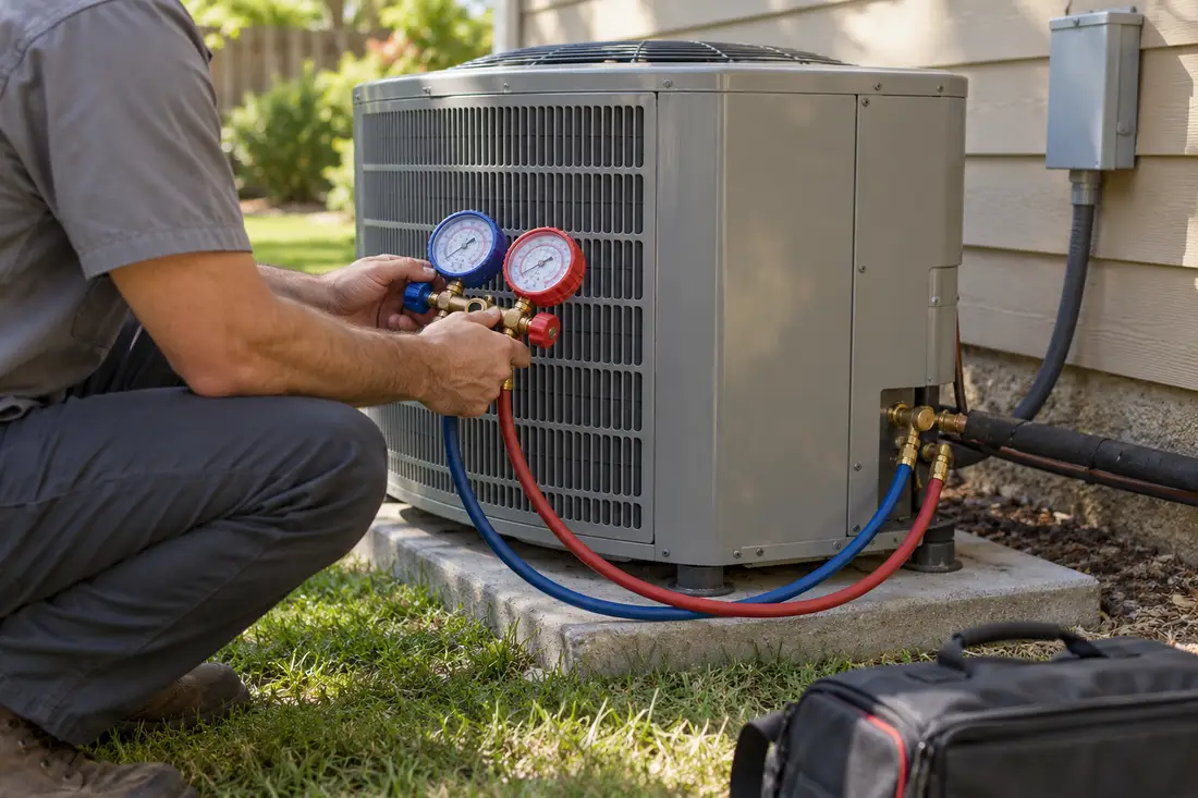 A technician working on a furnace, a panel or under a sink