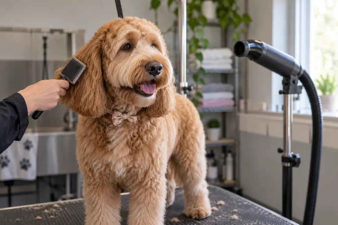 A groomer with a freshly groomed dog