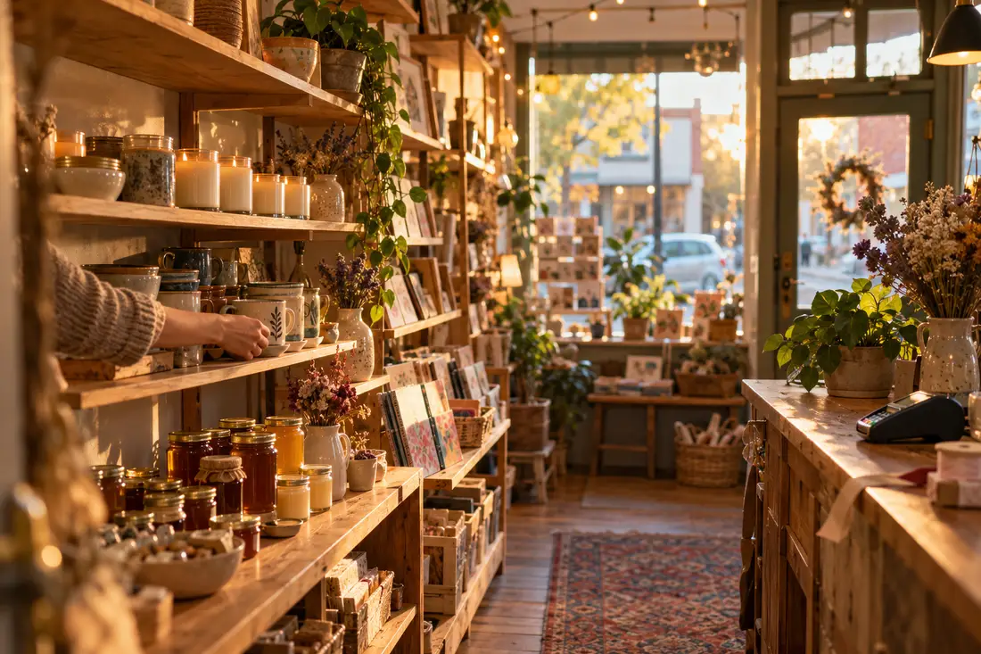 The inside of a local shop with shelves of products