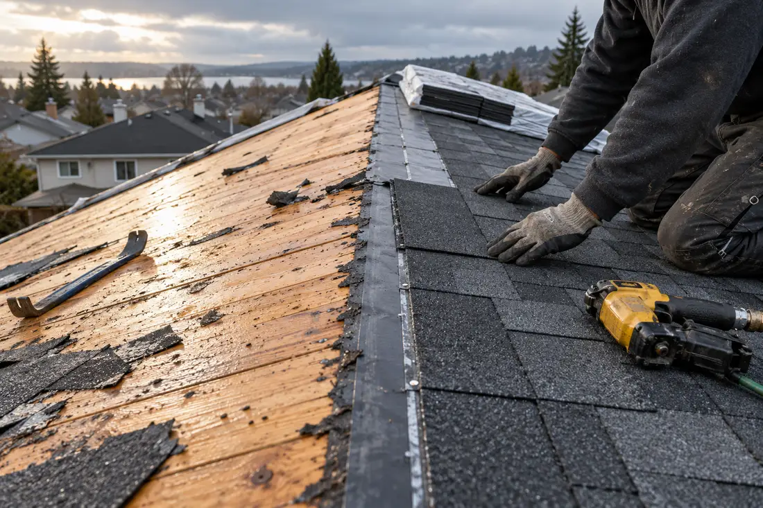A roofer on a roof or a crew tearing off shingles