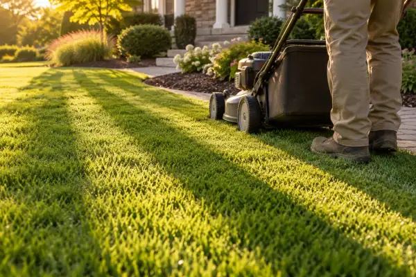 A crew mowing or laying pavers