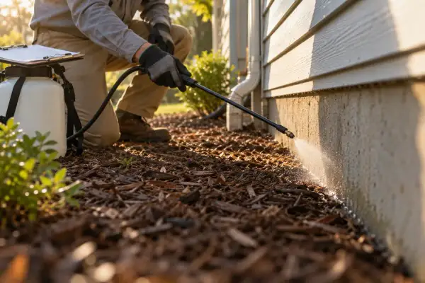 A technician spraying around a house foundation