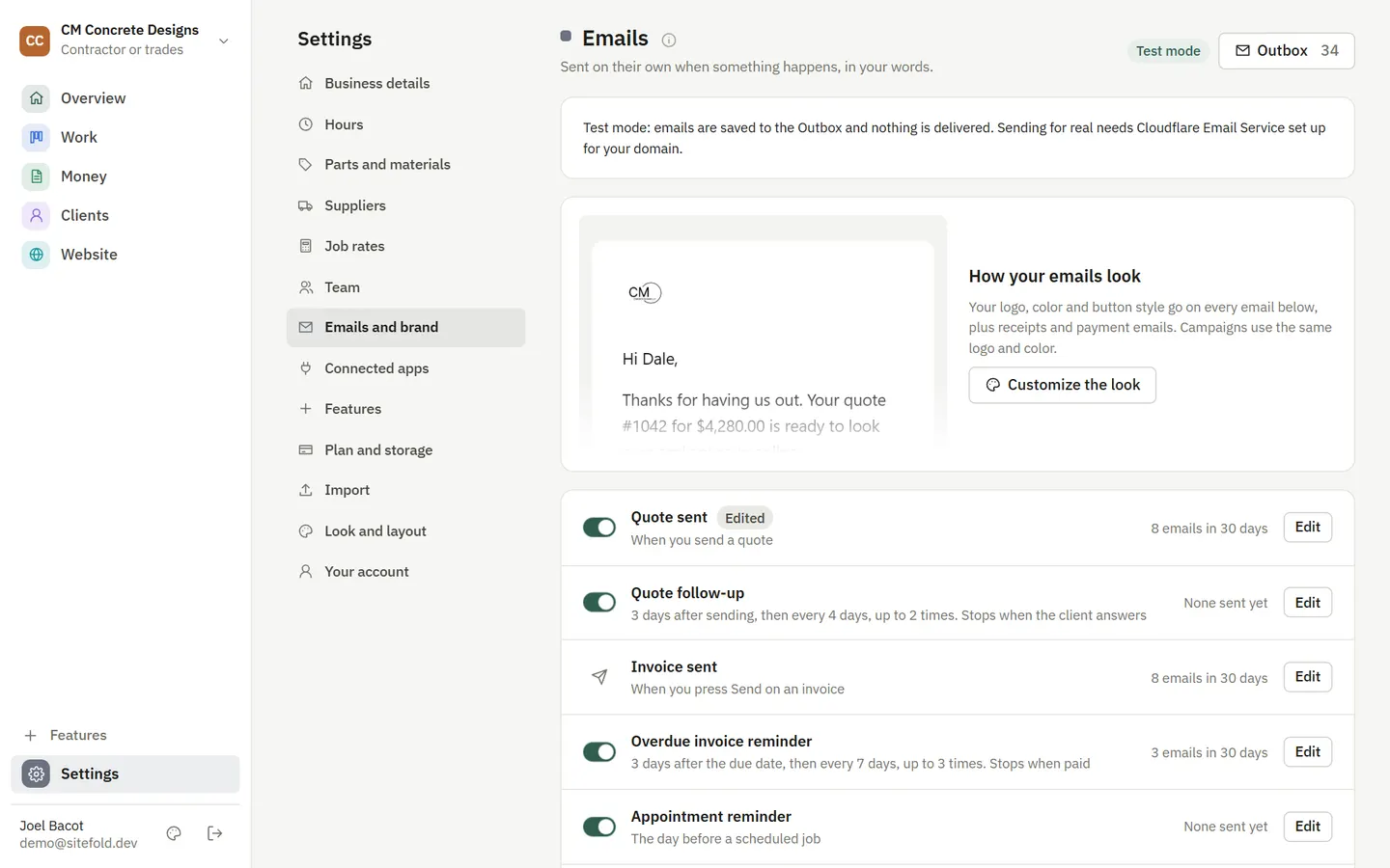 The automatic emails settings with a preview