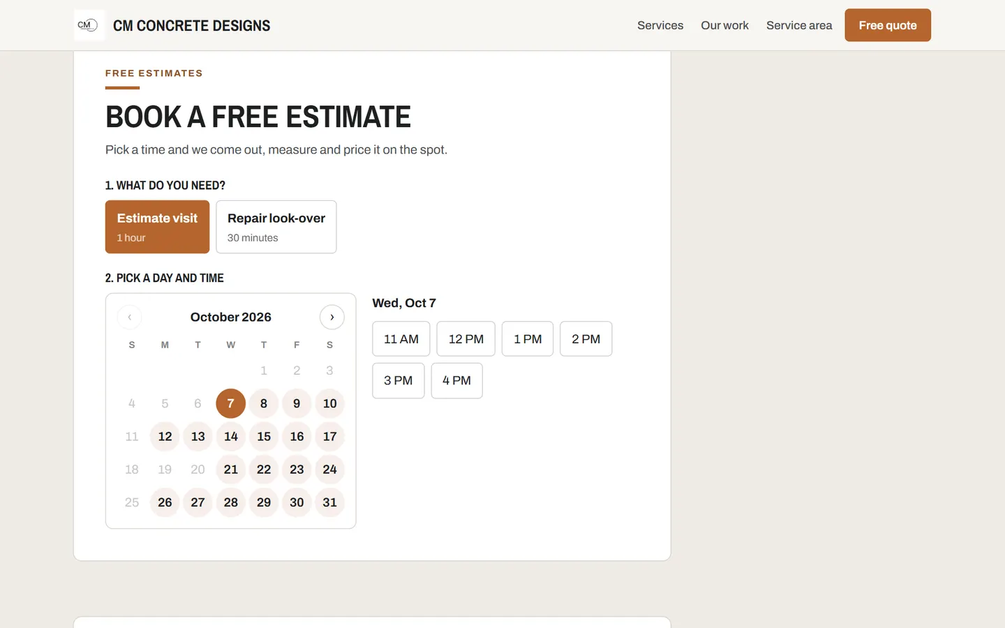 The booking calendar on a customer website