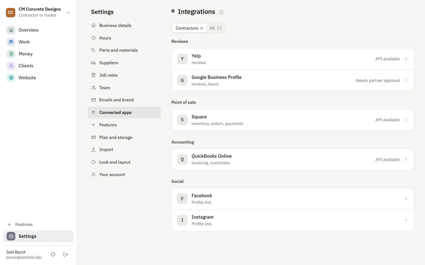 The connected apps page
