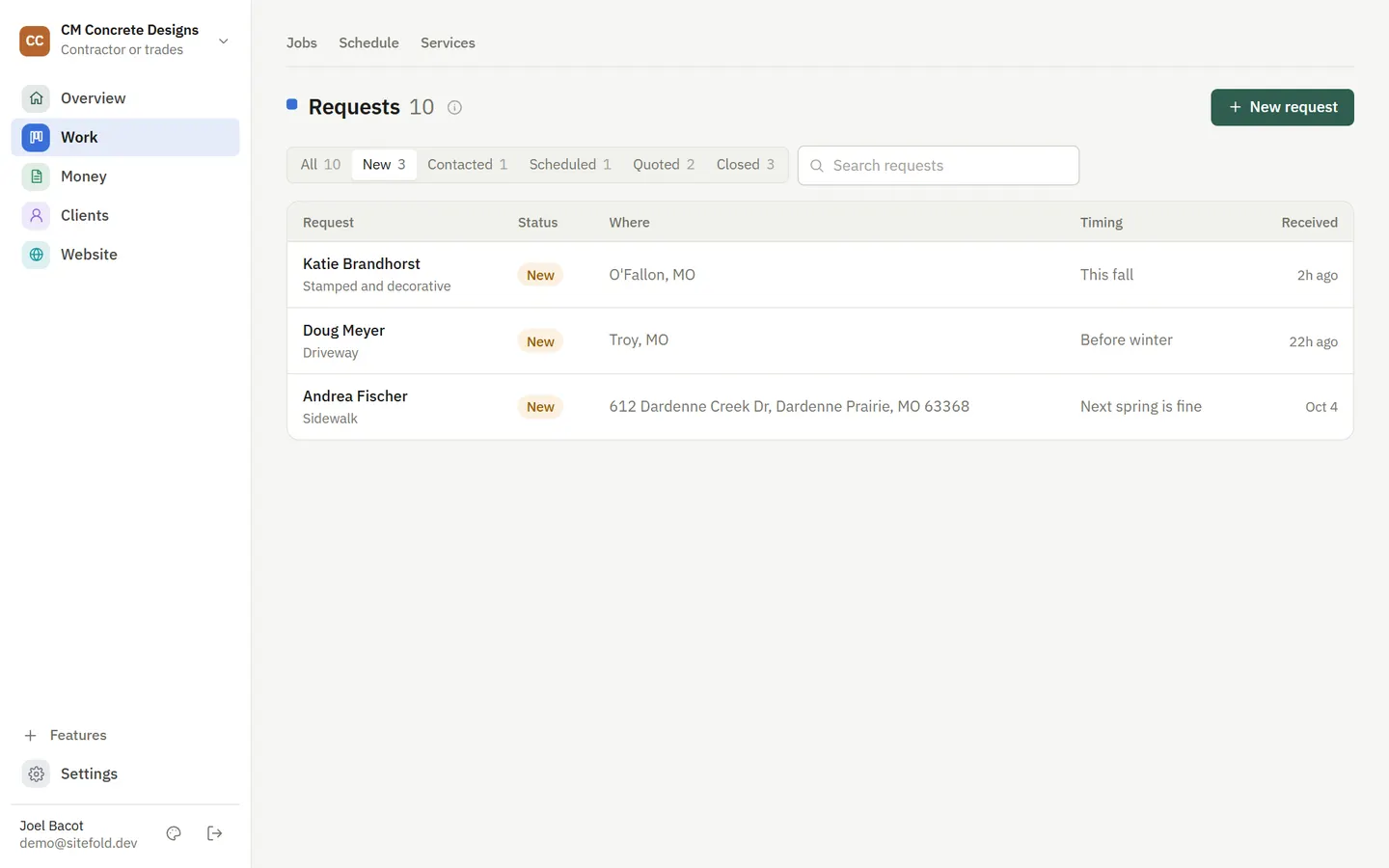 The Requests list with a new request opened